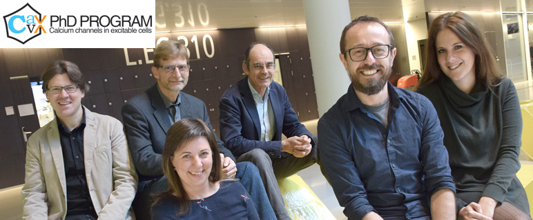 Koordinator Gerald Obermair (ganz li.) mit den Projektbeteiligten: Bernhard Flucher, Alexandra Koschak, Jörg Striessnig, Petronel Tuluc, Marta Campiglio (v. li. n. re.) Foto: D. Bullock.