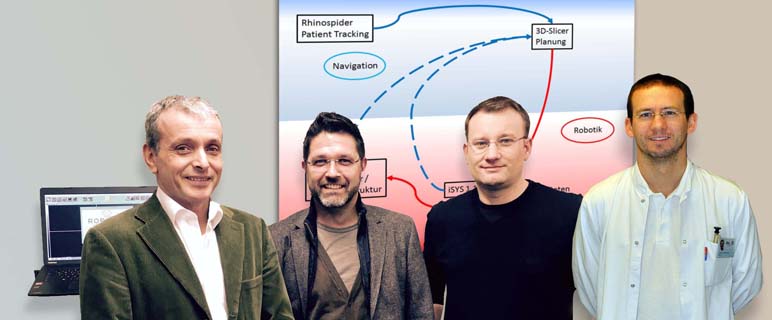 Das Team vor dem Projektkonzept: ao.Univ. Prof. Dr. W. Freysinger, Thomas Pfeifer und Dr. Michael Vogele (beide iSYS) und Ass. Prof PD Dr. F. Kral. (v. li.) Foto: W. Freysinger