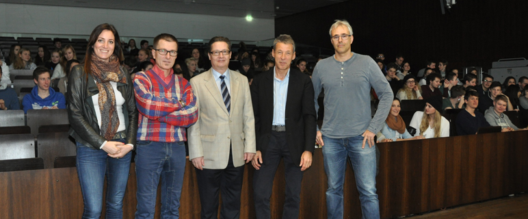 Mag.a Martina Heidegger, Vizerektor Prof. Peter Loidl, LSR HR Mag. Dr. Thomas Plankensteiner, Univ.-Prof. Herbert Dumfahrt und Dr. Helmuth Wachtler(v. li. na. re) bei der Informationsveranstaltung in Innsbruck. 