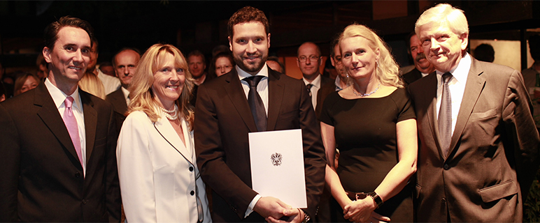 Hubert Zajicek, Sektionschefin Barbara Weitgruber (BMWF), Preisträger Harald Ott,  FWF-Präsidentin Pascale Ehrenfreund, Botschafter Hans Peter Manz Copyright: OST Washington