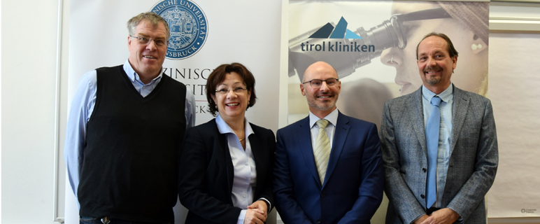 v. re.: Meeting Organisator Peter Kreidl von der Sektion für Hygiene und Medizinische Mikrobiologie (MUI), Mark Muscat vom WHO Regionalbüro für Europa, Andrea Grisold von der Österreich. Ges. für Hygiene, Mikrobiologie & Präventivmedizin und Reinhard Würzner, Impfexperte der Medizin Uni Innsbruck, informierten über Masern und Röteln.