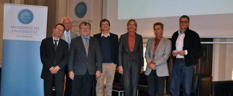 Univ.-Prof. Huber, Univ.-Prof. Weiss, Rektorin Fritsch, ao.Univ.-Assoz.-Prof. Teis,  Univ.-Prof. Brezinka, Univ.-Prof. Margreiter und Prof. Wolfgang Prodinger (v.re na. li.)