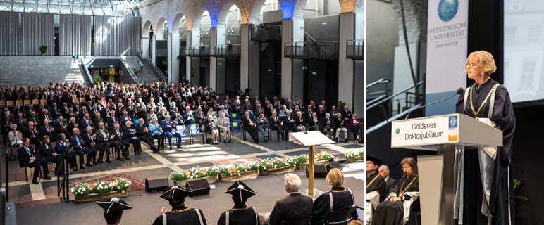 Rektorin Helga Fritsch hielt die Festrede für rund 50 Medizinerinnen und Mediziner die ihr Promotionsversprechen erneuerten. Foto: F. Lechner.