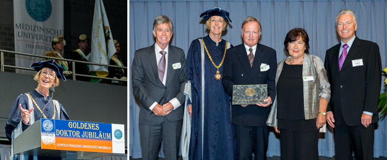 Rektorin Helga Fritsch hielt die Festrede für die 113 Doktorinnen und Doktoren der Medizin die 1066 promoviert hatten. Auf dem Gruppenfoto: Prof. Heribert Hussl, Rektorin Prof.in Helga Fritsch, Prof. Josef Patsch, Dr.in Nadja Peneff-Mignon und Prof. Klaus Twerdy. Foto: C. Wucherer.