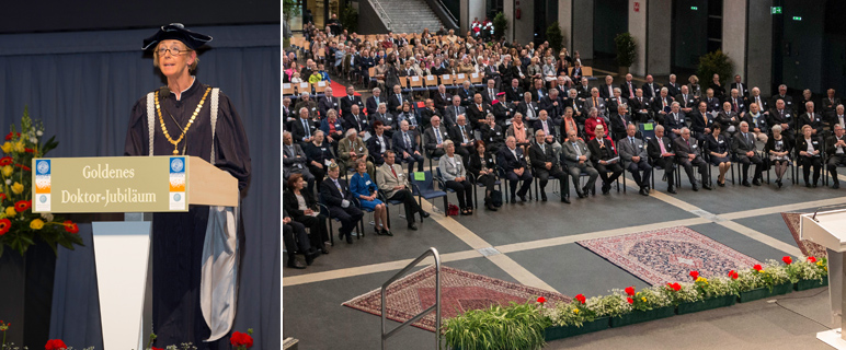 1964 hatten rund 95 Frauen und Männer in Innsbruck an der ehemaligen Medizinischen Fakultät Innsbruck promoviert. Die Rektorin der Medizin Uni Innsbruck dankte allen Anwesenden für die Teilnahme am Goldenen Doktorjubiläum. (Foto: LFU/ C. Wucherer.)