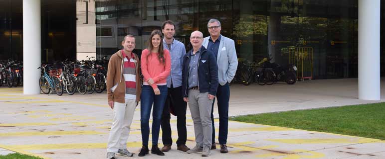 Michael W. Hess, Iris M. Krainer, Georg F. Vogel, Thomas Müller und Lukas Huber: Vorbildliches Beispiel für Zusammenarbeit von Grundlagen- und klinischer Forschung am Standort Innsbruck. Foto: MUI/ B. Hoffmann-Ammann.