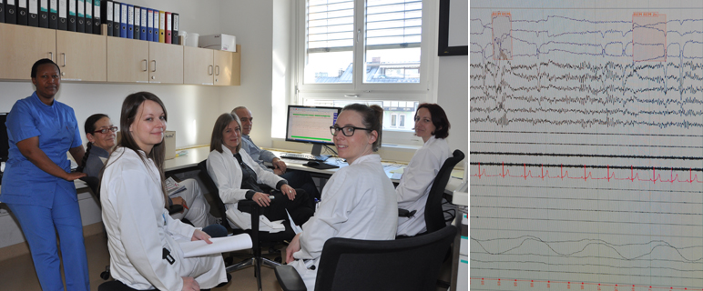 Gruppenfoto: SR Cesarie Ndayisaba, MOA Elke Ladstätter, PhD-Student Dr.in Ambra Stefani, ao.Univ.-Prof.in Birgit Högl (Projektleiterin), Dipl.-pfleger Heinz Hackner (ltd Techniker), FÄin Dr.in Anna Neidbreder und Dr.in Elisabeth Brandauer (v. li. n. re.)   