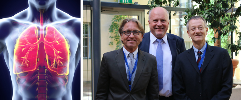  Kongresspräsident Thomas Schmid mit Klinikdirektor Dietmar Öfner-Velano und dem wissenschaftlichen Leiter der Tagung Enrico Ruffini aus Turin. (v. li. n. re.) Fotocollage: Tirol Kliniken, C. Seiwald & Fotolia_67395523_S_Human Respiratory System_nerthuz.