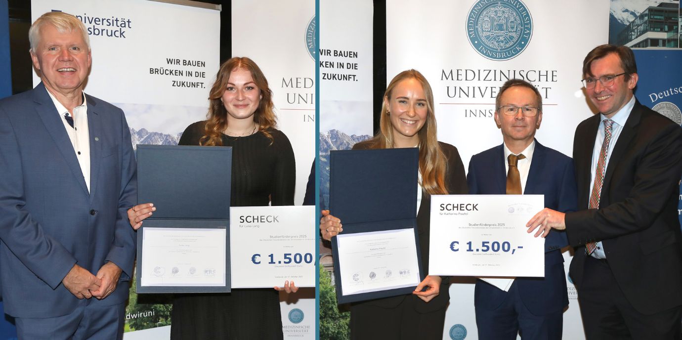 Rektor Gert Mayer (l), VR Wolfgang Prodinger (4.v.l.) und DFK-Vorsitzender Markus Walzl (r) überreichten den begabten Absolventinnen Luisa Lang (2.v.l.) und Katharina Prechtl (3.v.l.) die Urkunden und Schecks. Preisträger  Michael Schlögl konnte bei der Preisverleihung nicht anwesend sein. (Fotos: Frischauf Bild) DFK2025.jpg