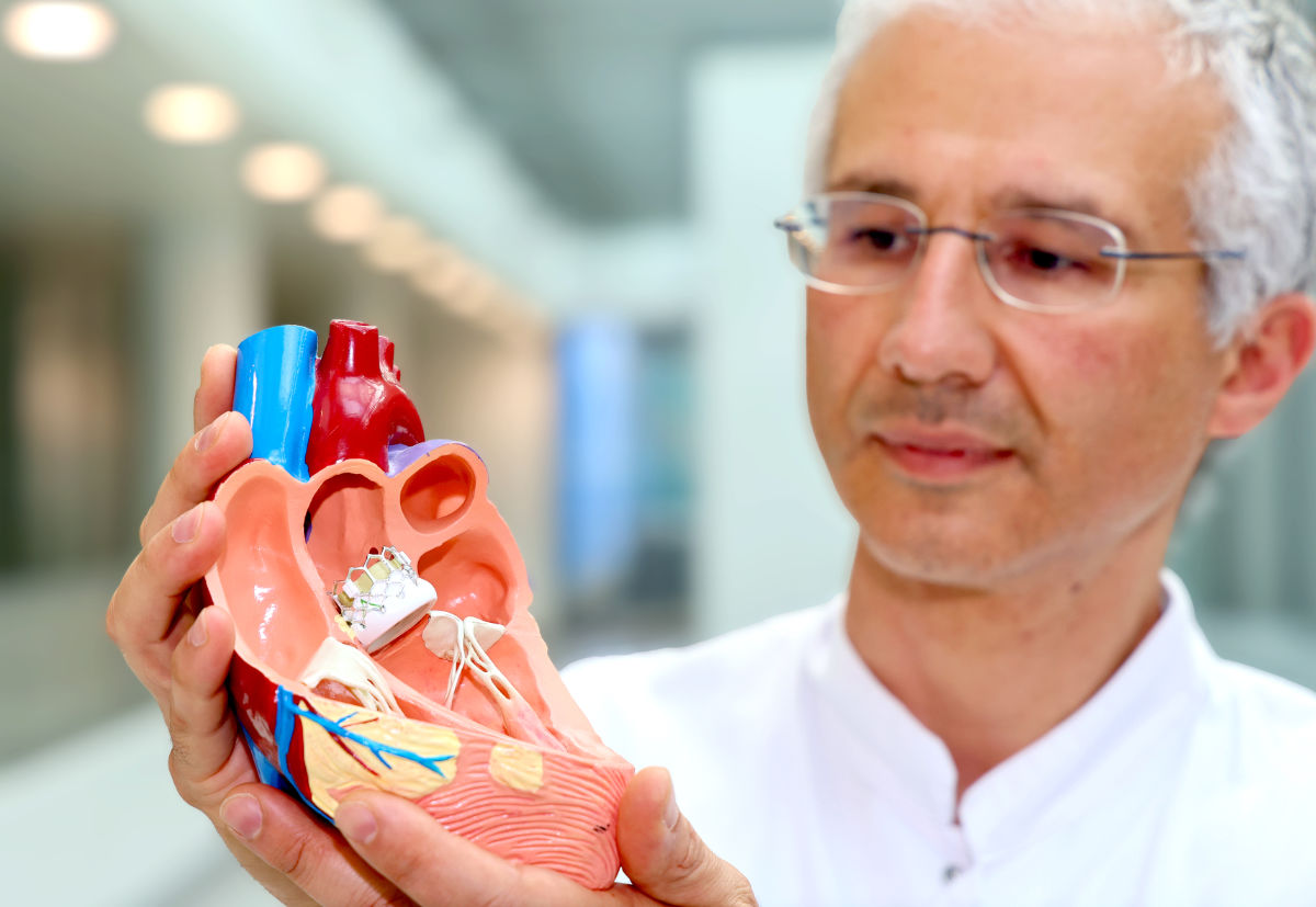 Nikolaos Bonaros hält ein Modell eines Herzklappenersatzes in Händen.
